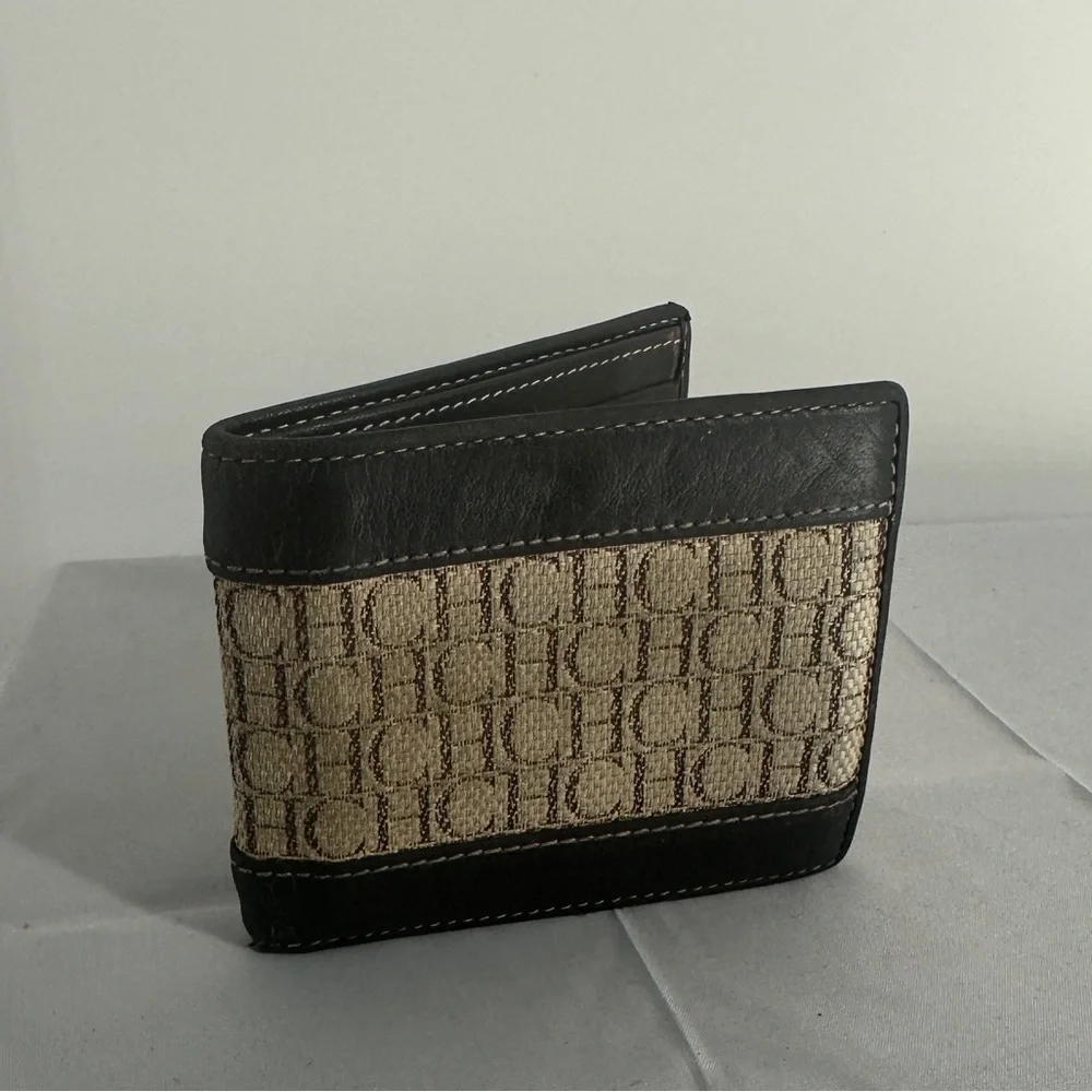 Carolina Herrera bifold canvas and brown leather bi fold wallet